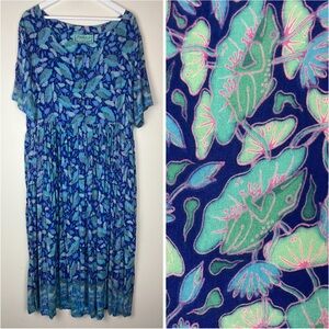 RAINBOW JO Maui Hawaii Tropical Taro Leaves Print Midi Dress Large
